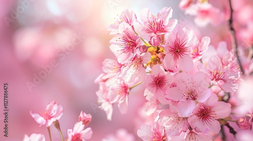 Cherry blossom Sakura in spring time with bokeh background. Copy space.