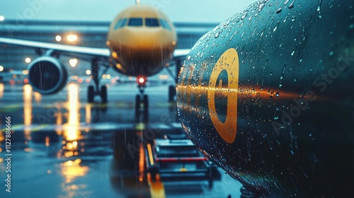 Photorealistic Close-Up of Biofuel Tank at Airport with Airplane Reflections in Misty Atmosphere photo