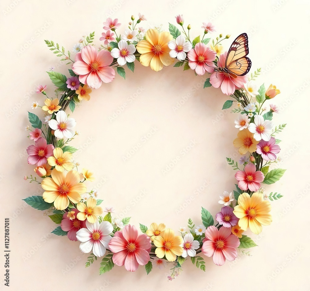 Whimsical abstract spring background featuring a floral wreath adorned with colorful blooms and a delicate butterfly, playful feel, springtime atmosphere , whimsical abstract