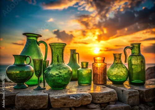 Silhouette of Ancient Green Glass Artifacts from Tyros, Lebanon: Captivating Display of Historic Craftsmanship and Cultural Heritage in Photography photo