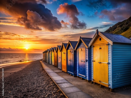 Silhouette of Colorful Beach Huts at Charmouth Beach in Dorset, England during Sunset, Capturing the Peaceful Atmosphere of a Coastal Retreat in the UK photo