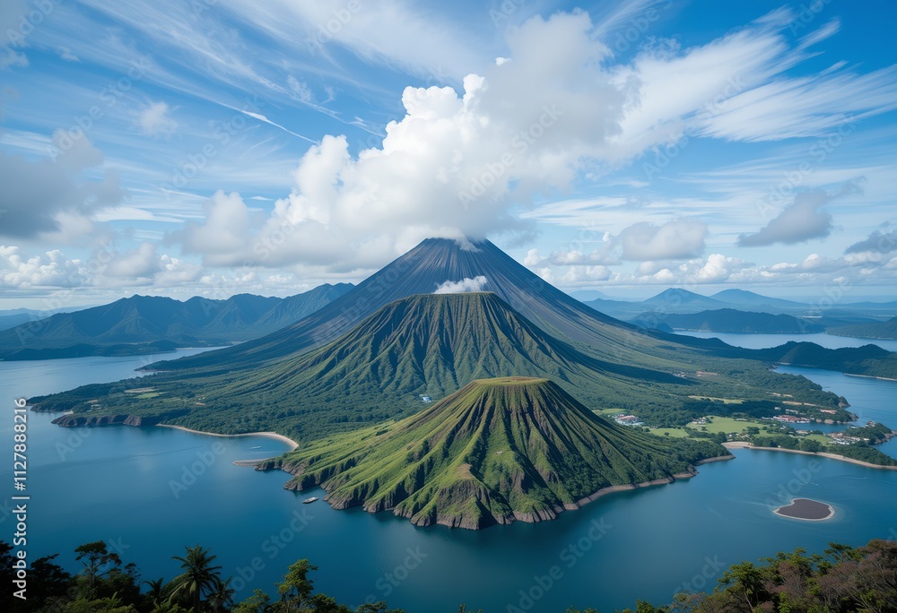 Landscape photo of the beautiful view of Mount Krakatoa in the middle of the sea creating its own island Landscape photo of the beautiful view of Mount Krakatoa in the middle of the sea creating its own island