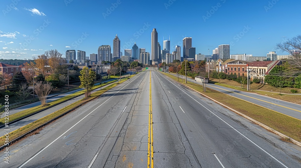 Deserted Downtown Atlanta Boulevard with City Skyline in Autumn Deserted Downtown Atlanta Boulevard with City Skyline in Autumn