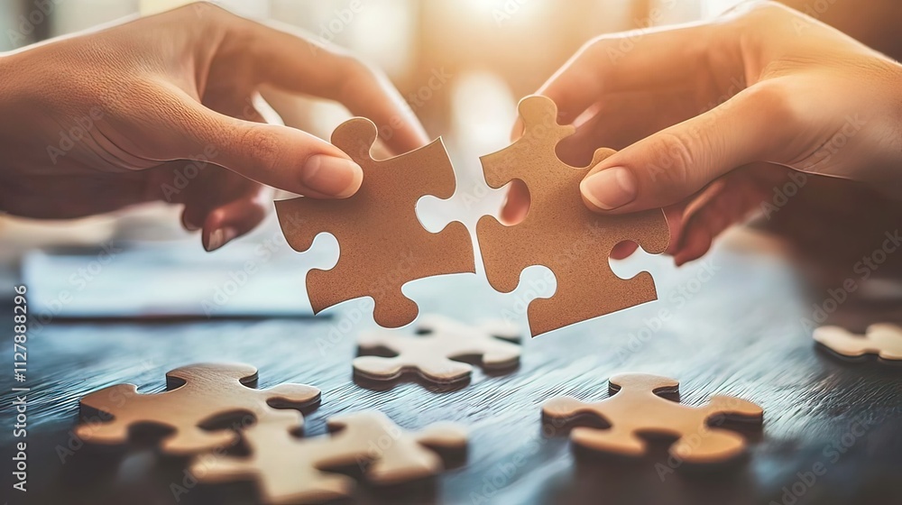 Two hands holding the last two puzzle pieces together, symbolizing teamwork and collaboration. Two hands holding the last two puzzle pieces together, symbolizing teamwork and collaboration.