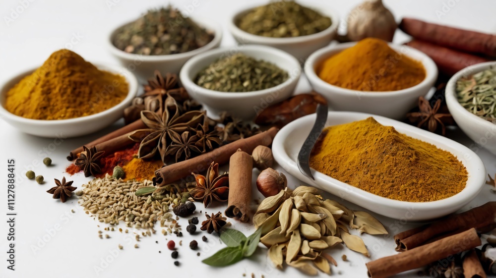 Variety of spices and herbs on kitchen table. Variety of spices and herbs on kitchen table.