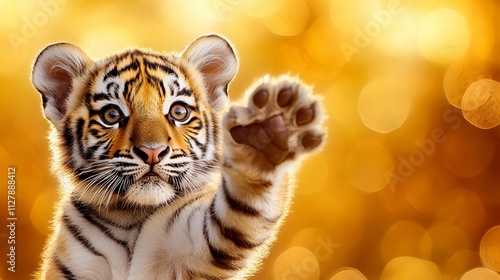 A playful tiger cub reaching out with its paw against a warm, golden background.