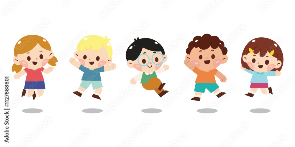Cute jumping kids characters design vector set. Collection children fun of kindergarten, girls, boys with different poses, happy, smile. Back to school with kids illustration for education. Cute jumping kids characters design vector set. Collection children fun of kindergarten, girls, boys with different poses, happy, smile. Back to school with kids illustration for education.