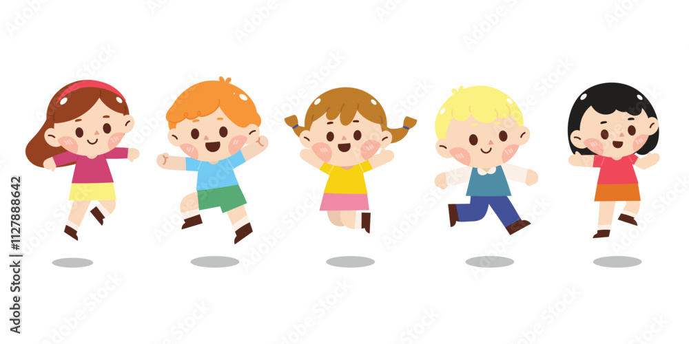 Cute jumping kids characters design vector set. Collection children fun of kindergarten, girls, boys with different poses, happy, smile. Back to school with kids illustration for education. Cute jumping kids characters design vector set. Collection children fun of kindergarten, girls, boys with different poses, happy, smile. Back to school with kids illustration for education.