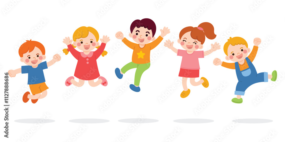Cute jumping kids characters design vector set. Collection children fun of kindergarten, girls, boys with different poses, happy, smile. Back to school with kids illustration for education. Cute jumping kids characters design vector set. Collection children fun of kindergarten, girls, boys with different poses, happy, smile. Back to school with kids illustration for education.