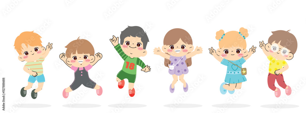 Cute jumping kids characters design vector set. Collection children fun of kindergarten, girls, boys with different poses, happy, smile. Back to school with kids illustration for education. Cute jumping kids characters design vector set. Collection children fun of kindergarten, girls, boys with different poses, happy, smile. Back to school with kids illustration for education.
