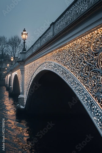 A city bridge with intricate light patterns decorating its supports, the lights reflect on the river, creating, Generative AI 