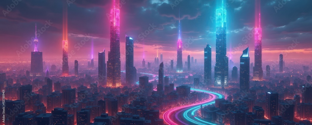 Futuristic city with towering skyscrapers illuminated by vibrant neon rainbow lights. Rainbow hues paint night sky. Highways with streaks of light wind through urban landscape. Modern tech, Futuristic city with towering skyscrapers illuminated by vibrant neon rainbow lights. Rainbow hues paint night sky. Highways with streaks of light wind through urban landscape. Modern tech,
