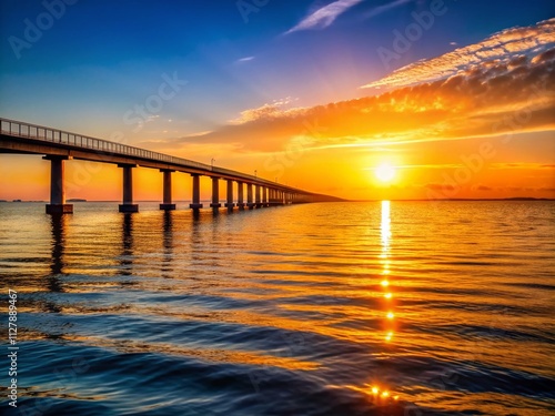 Silhouette Photography of the Starting Point of a Sea Bridge at Sunset, Capturing Serene Waters and a Majestic Horizon in an Atmospheric Scene of Tranquility and Beauty