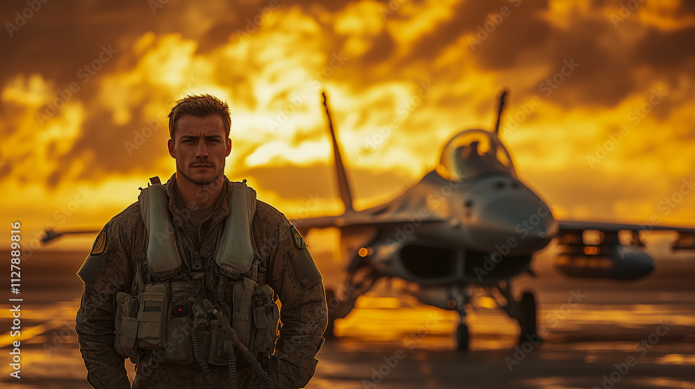 determined pilot standing before a military fighter jet, with stormy clouds rolling in determined pilot standing before a military fighter jet, with stormy clouds rolling in