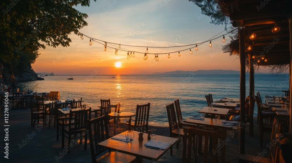 Sunset view from a seaside restaurant with outdoor dining. Sunset view from a seaside restaurant with outdoor dining.
