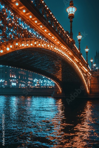 A city bridge with intricate light patterns decorating its supports, the lights reflect on the river, creating, Generative AI 