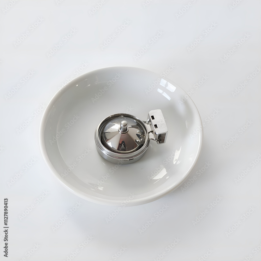 A polished silver compass resting on a white plate, symbolizing direction and clarity, photography of still life concept. A polished silver compass resting on a white plate, symbolizing direction and clarity, photography of still life concept.