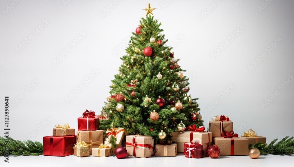 christmas tree and gifts or Festive Christmas tree with gifts on isolated white background christmas tree and gifts or Festive Christmas tree with gifts on isolated white background