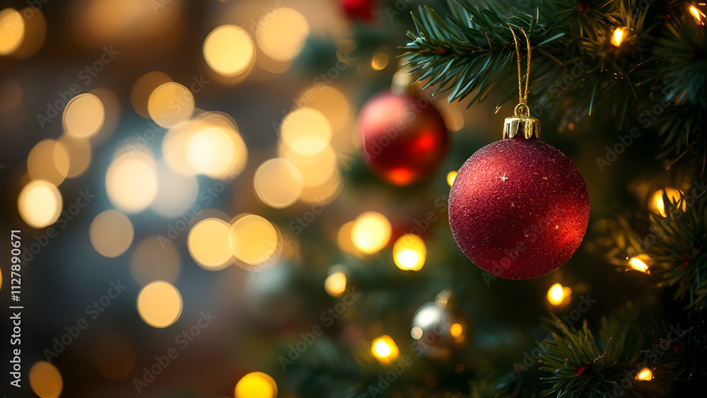 Christmas and New years eve Background. Beautiful Wide Angle Holiday Template with Christmas red ball on fir tree and highlights. Panoramic classic header Web banner with copy space for design. Christmas and New years eve Background. Beautiful Wide Angle Holiday Template with Christmas red ball on fir tree and highlights. Panoramic classic header Web banner with copy space for design.