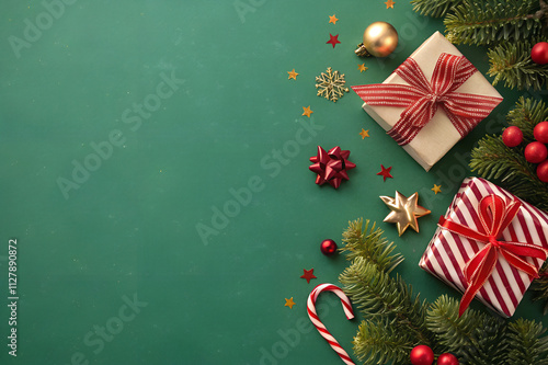 green theme christmas background decorated with christmas ornaments
