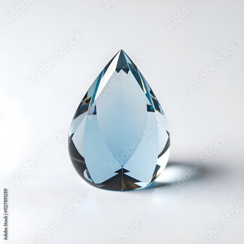 Stunning tear drop shaped crystal reflecting light and colorful patterns on a soft white surface, photography of still life concept.