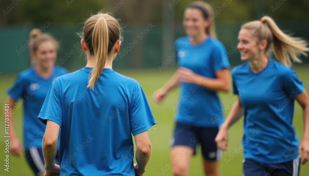 Diverse women soccer team practices teamwork outdoors. Players in blue uniforms run, interact on grassy field. Focuses on energetic practice session for mixed gender sports team. Action shot of Diverse women soccer team practices teamwork outdoors. Players in blue uniforms run, interact on grassy field. Focuses on energetic practice session for mixed gender sports team. Action shot of