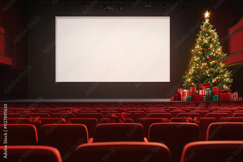 Obraz premium Empty Theater with Christmas Tree and Blank Screen