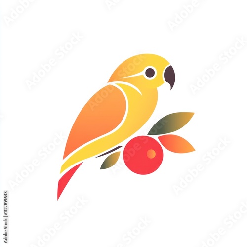 Yellow parrot perched on branch with berries. photo