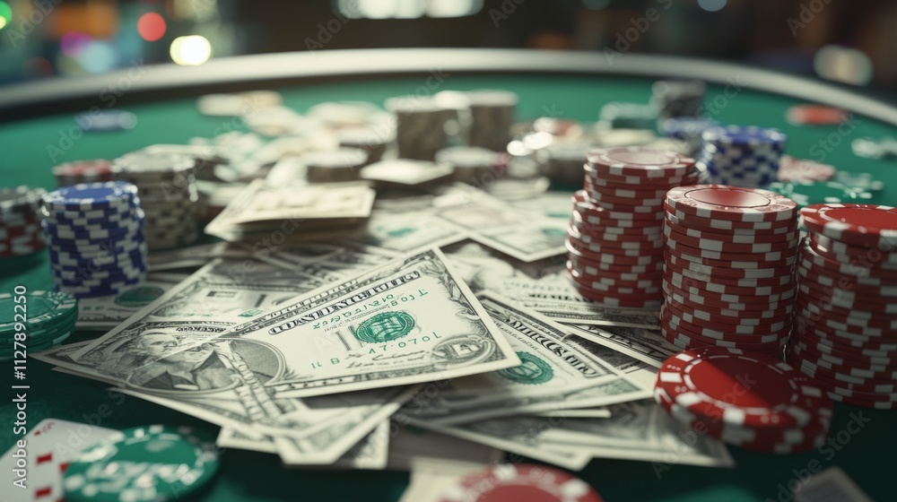 A spread of US dollar bills on a high-end gaming table, with poker chips and cards intermingled A spread of US dollar bills on a high-end gaming table, with poker chips and cards intermingled