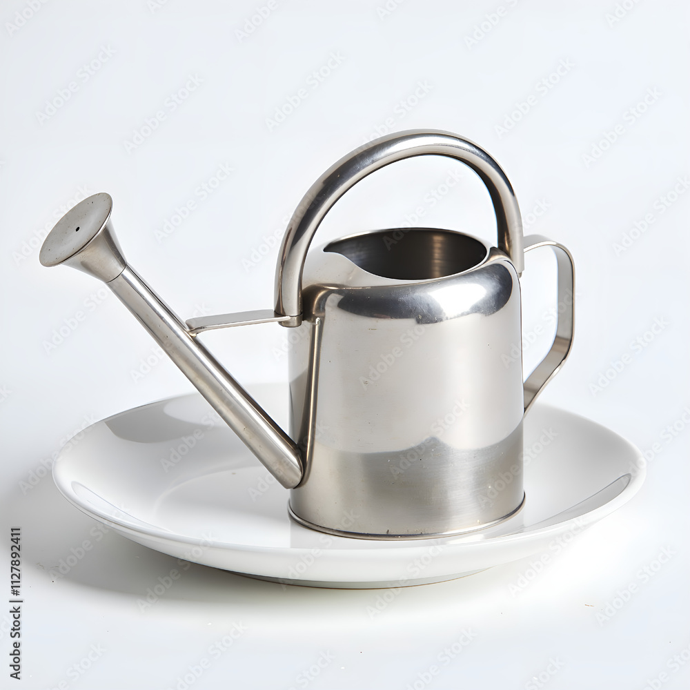 A gleaming silver watering can centered on a white plate against a minimalistic background, photography of still life concept. A gleaming silver watering can centered on a white plate against a minimalistic background, photography of still life concept.