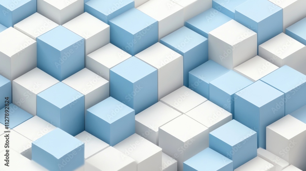 Abstract 3D rendering of light blue and white cubes in a dynamic pattern. Abstract 3D rendering of light blue and white cubes in a dynamic pattern.