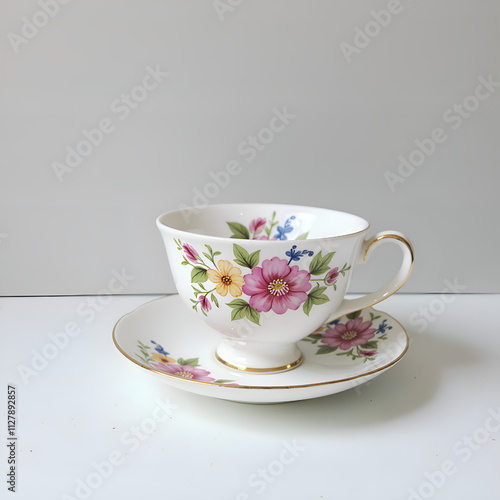 Delicate floral tea cup and saucer set with vibrant blossom patterns against a minimalist background, photography of still life concept.