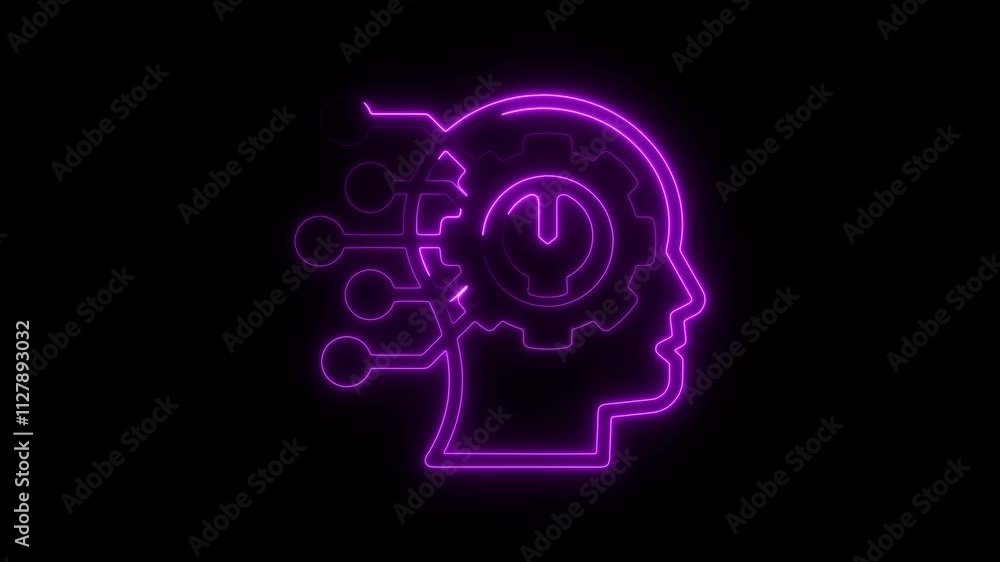 Neon Glowing Human Head with Gear and Circuit Animation Representing Artificial Intelligence and Futuristic Technology Neon Glowing Human Head with Gear and Circuit Animation Representing Artificial Intelligence and Futuristic Technology