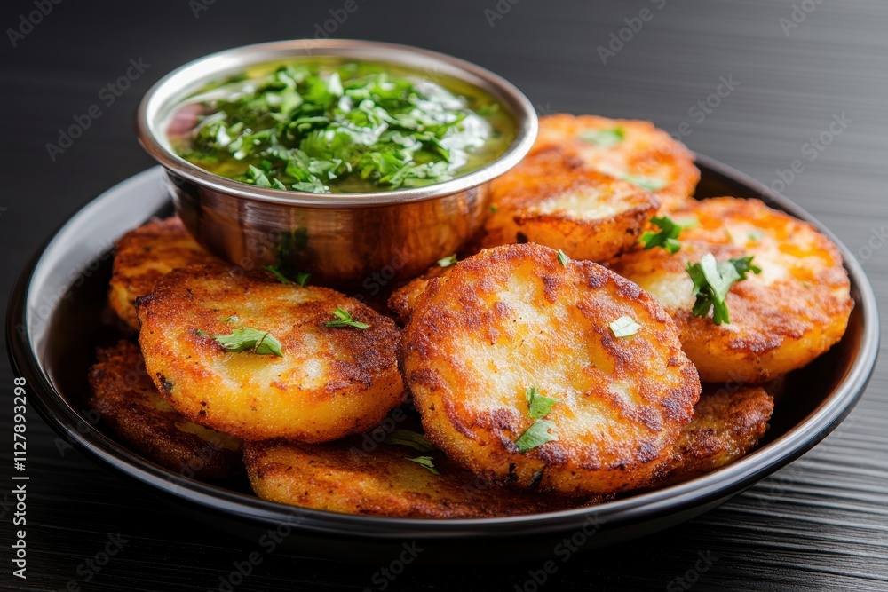 Spiced Aloo Tikki Patties with Green Chutney on a Black Plate Spiced Aloo Tikki Patties with Green Chutney on a Black Plate