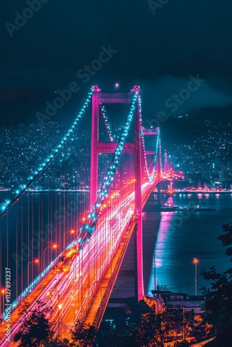 A long city bridge lit with neon lights in shades of pink and orange, the colors contrast sharply with the dark, Generative AI 
