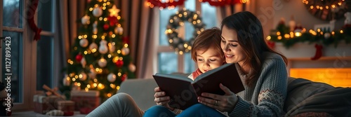 Cozy Christmas eve scene with a mother and daughter reading a magical book together in the comfort of their home, family, tradition