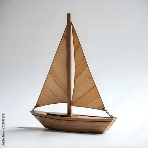 Elegant wooden sailboat model with natural grain and simple sail design, perfect for nautical decor and home aesthetics, photography of still life concept. photo