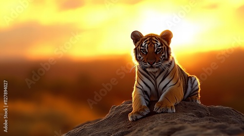 A majestic young tiger sitting on a rocky ledge at sunset, showcasing its striking orange and black stripes. photo