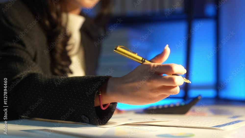 A woman is sitting at a desk with a calculator and a stack of papers. She is focused on her work and she is in a serious mood