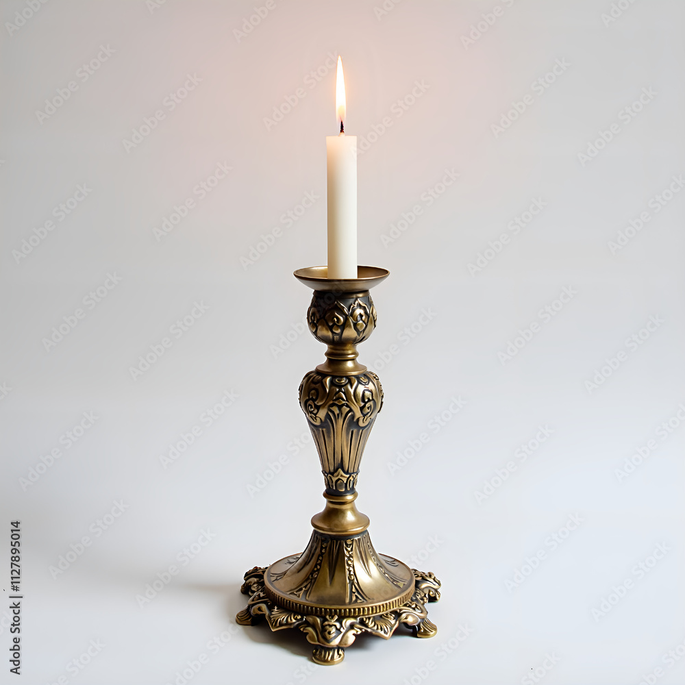 A beautifully crafted antique candle holder with a flickering flame in a minimalist setting, photography of still life concept. A beautifully crafted antique candle holder with a flickering flame in a minimalist setting, photography of still life concept.