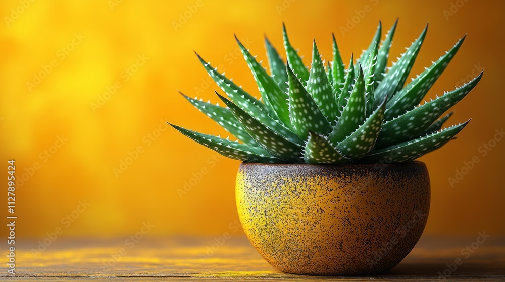 Small succulent plant in a yellow pot against a yellow-orange background. Small succulent plant in a yellow pot against a yellow-orange background.