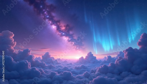 Vast colorful sky above fluffy clouds. Beautiful sunrise sunset view. Aurora borealis, galaxy create mystical ambiance. Heavenly cloudscape. Vivid colors blend harmoniously in dreamlike scene.