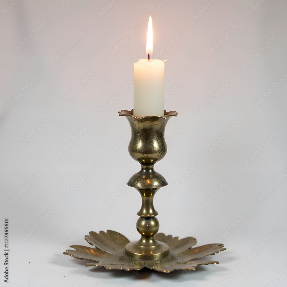 Naklejka premium A beautifully crafted brass candle holder with a flickering flame against a soft background, photography of still life concept.