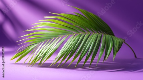 Single vibrant green palm frond on purple background, dramatic lighting.