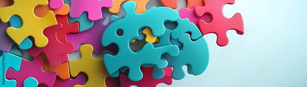 3D colorful puzzle pieces assembling into a brain shape 3D colorful puzzle pieces assembling into a brain shape