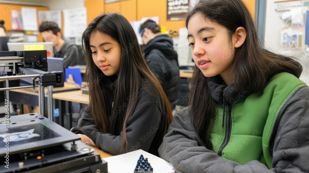 Students learning 3D printing, hands-on experience with printers, designing models, collaborative project, high-tech classroom, focused expression, modern equipment, futuristic education Students learning 3D printing, hands-on experience with printers, designing models, collaborative project, high-tech classroom, focused expression, modern equipment, futuristic education