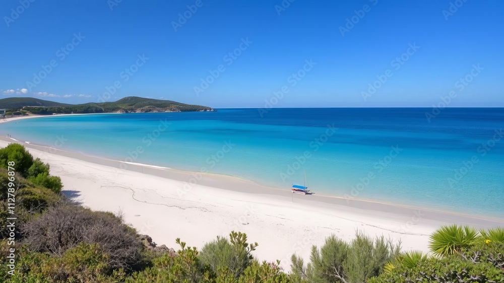 Crystal blue waters and pristine white sandy beach of Fetovaia on Elba Island in Italy, travel, seascape Crystal blue waters and pristine white sandy beach of Fetovaia on Elba Island in Italy, travel, seascape