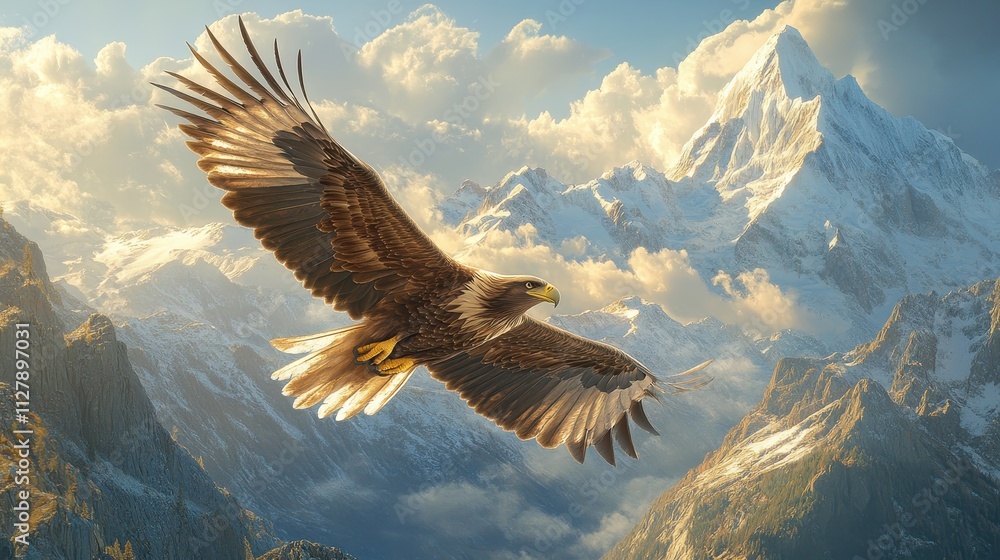 Obraz premium Majestic Eagle Soaring Over Snow-Capped Mountain Peaks in a Stunning Natural Landscape