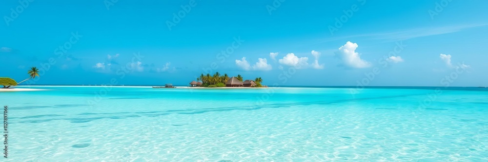 Fototapeta premium Crystal clear turquoise waters surround a picturesque Maldivian island, reflecting the vibrant blue sky and lush green palm trees, crystal clear, island