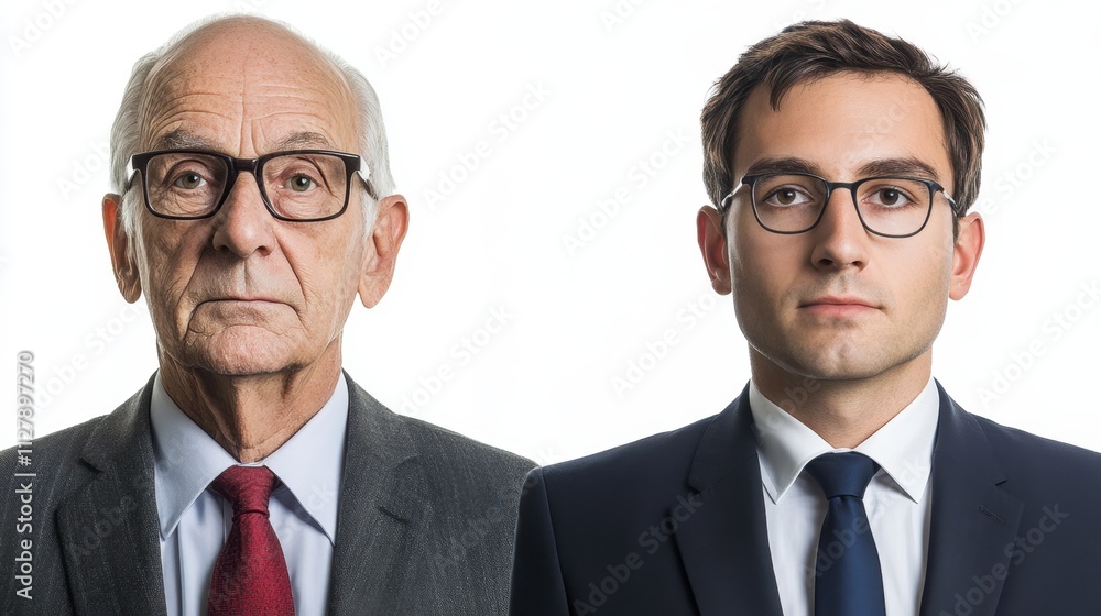 Old and young architect face side-by-side, front view, isolated white background, professional attire, clean background, innovative look, intelligent expression Old and young architect face side-by-side, front view, isolated white background, professional attire, clean background, innovative look, intelligent expression